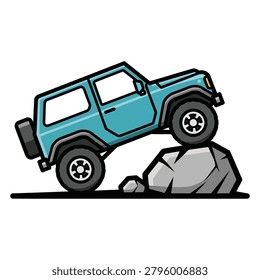 A teal blue 4x4 SUV demonstrating its suspension while crawling over a grey rock. Ideal for automotive performance or adventure challenge articles.