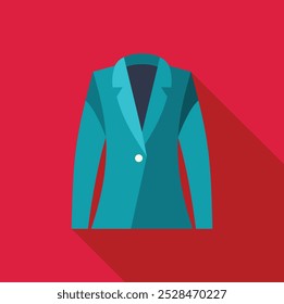 Teal blue business suit jacket is laying flat with a long shadow against a red background