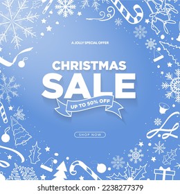 Teal Blue Christmas Sale Sign card poster with Up to 50% off lettering with hand drawn Christmas elements and shop now CTA button. Vector Illustration. EPS 10.