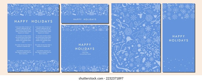 Teal Blue Christmas Template Design Collection. Monochromatic Christmas Backgrounds with blue soft Christmas element patterns. Poster, Vertical Banner, Card, a4 letter. Editable Vector Illustration.