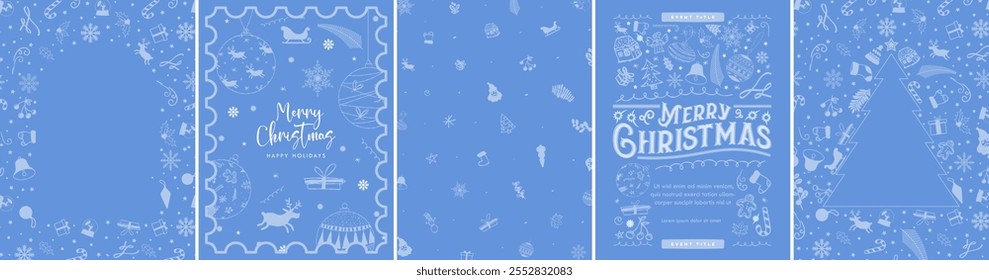 Teal Blue Christmas Template Designs. Schöne monochromatische Weihnachtshintergründe mit blauen weichen Weihnachtselementmustern. Grußkarten, Plakatvorlagen mit Kopienraum, gemusterter Hintergrund.