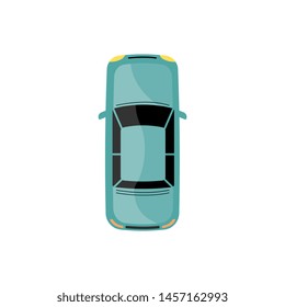 Teal Blue Color Car From Top View, Flat Cartoon Automobile Isolated On White Background Seen From Above, Simple Sedan Auto Vehicle Roof Icon Vector Illustration