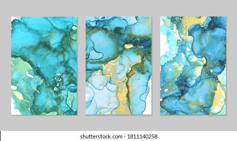 Teal, blue and gold marble abstract background set. Alcohol ink technique vector stone textures. Modern paint in natural colors with glitter. Template for banner, poster design. Fluid art painting