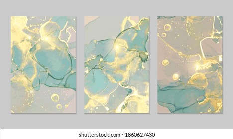 Teal, blue and gold marble abstract background set. Alcohol ink technique vector stone textures. Modern paint in natural colors with glitter. Template for banner, poster design. Fluid art painting