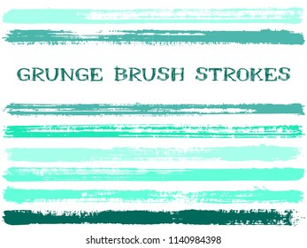 Teal blue ink brush strokes isolated design elements. Set of paint lines. Cool stripes, textured paintbrush stroke shapes. Collection of ink brushes, stripes isolated on white, vector paint samples.