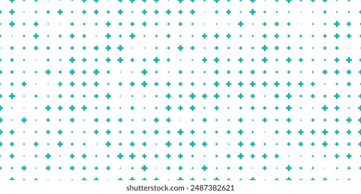 Teal blue medical seamless pattern. Math texture with uneven plus symbols on white bg. Cross shape pixel texture. Simple vector background