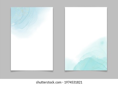 Teal blue and mint colored liquid watercolor background with gold stains and dots. Luxury minimal turquoise hand drawn fluid alcohol ink drawing effect. Vector illustration design template.