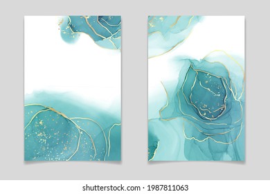 Teal blue and mint colored liquid watercolor background with gold stains and dots. Luxury minimal turquoise hand drawn fluid alcohol ink drawing effect. Vector illustration design template.