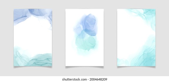 Teal blue and mint colored liquid watercolor background. Luxury minimal turquoise hand drawn fluid alcohol ink drawing effect. Vector illustration design template for wedding invitation.