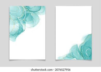 Teal blue and mint colored liquid watercolor background with gold stains and dots. Luxury minimal turquoise hand drawn fluid alcohol ink drawing effect. Vector illustration design template.