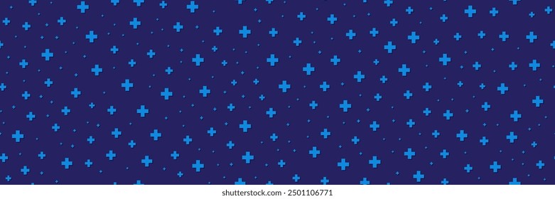 Teal blue plus medical seamless pattern on dark bg. Abstract background with random math cross shape pixel texture. Simple vector illustration