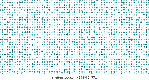 Teal blue plus sign medical seamless pattern on white bg. Math texture with uneven symbols. Cross shape pixel texture. Simple vector background