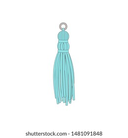 Teal blue tassel isolated on white background - hand drawn cartoon ornament decoration from cord fabric - vintage decorative textile element vector illustration