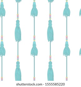 Teal blue tassels seamless pattern - flat cartoon background of hand drawn tassel ornaments with colorful beads. Isolated white textile decoration vector illustration