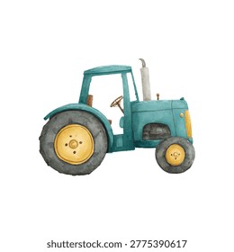 Teal blue tractor with yellow wheels and compact cab designed for agricultural work
