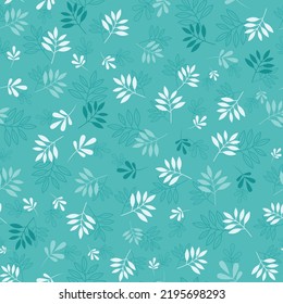 Teal blue tropical leaves twigs ditsy vector floral delicate seamless pattern design. For fabric, textile, wrapping, covers and more