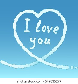 Teal, blue valentine card with cloud effect, heart, i love you sign