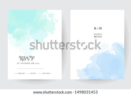 Teal blue watercolor vector splash cards. Simple minimalist backgrounds, hand-drawn watercolour texture. Painted delicate spots.Elegant frames.Mint, cyan, teal trendy color brush art drawing on white.