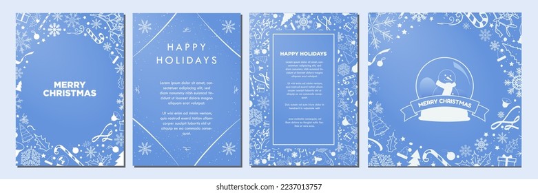 Teal Blue and White Christmas Template Designs. Beautiful Monochromatic Christmas Backgrounds with blue soft Christmas element patterns. Poster, Card, A4. Editable Vector Illustration.