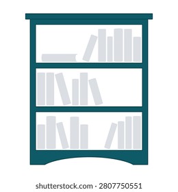 Teal bookshelf with multiple books on three shelves, simple illustration, home library