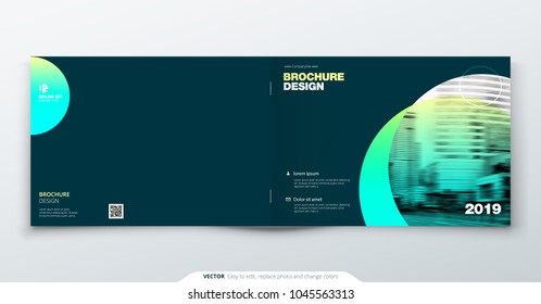 Teal Brochure Design. Horizontal Cover Template For Brochure, Report, Catalog, Magazine. Layout With Gradient Circle Shapes And Abstract Photo Background. Swiss Style Brochure Concept