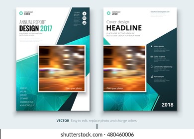 Teal Brochure design with triangles. Corporate business template for Annual Report, Catalog or Magazine. Layout with abstract triangular background. Modern creative poster or flyer concept