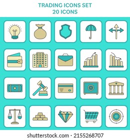 Teal And Bronze Set Of Trading Flat Icon Or Symbol.