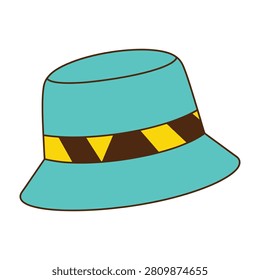 A teal bucket hat with a yellow and brown striped band, perfect for fashion and outdoor enthusiasts
