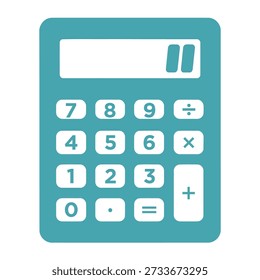 A teal calculator with white buttons and a digital display screen.