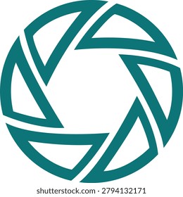 Teal camera shutter icon, stylized lens aperture symbol in white background, abstract photography element.