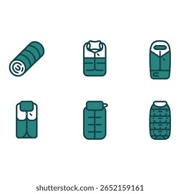 Teal Camping Gear ícones saco adormecido almofada colete e jaqueta ilustrações