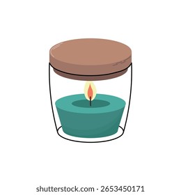 Teal candle with flame inside a clear glass jar with brown wooden lid in a minimalist style