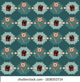 Teal Christmas pattern background with holiday baked goods.