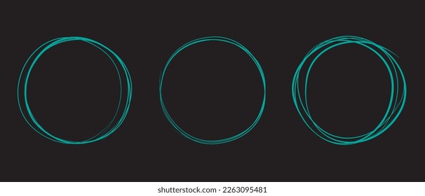 Teal circle line hand drawn set. Highlight hand drawing circle on black background. Round handwritten circle. For marking text, note, mark icon, number, marker pen, pencil and text check, vector