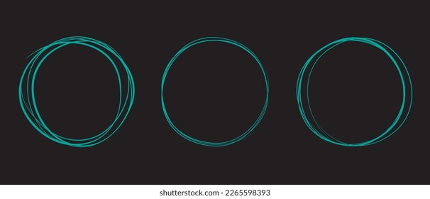 Teal circle line hand drawn set. Highlight hand drawing circle on black background. Round handwritten circle. For marking text, note, mark icon, number, marker pen, pencil and text check, vector