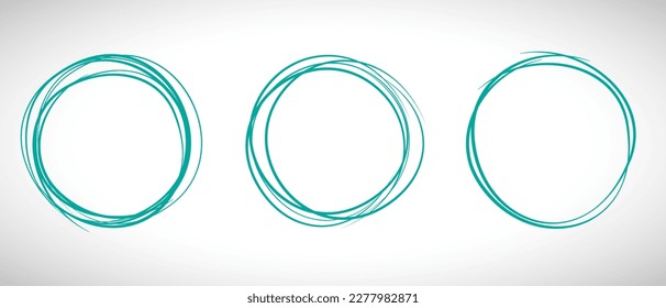 Teal circle line hand drawn set. Highlight hand drawing circle isolated on background. Round handwritten circle. For marking text, note, mark icon, number, marker pen, pencil and text check, vector