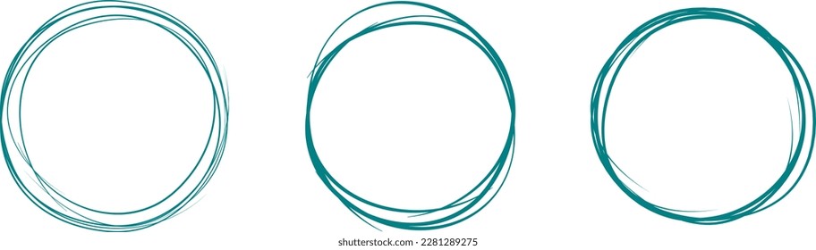 Teal circle line hand drawn set. Highlight hand drawing circle isolated on background. Round handwritten circle. For marking text, note, mark icon, number, marker pen, pencil and text check, vector