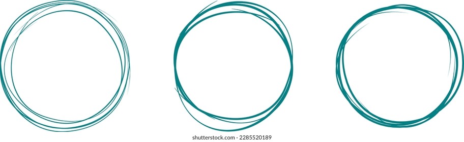 Teal circle line hand drawn set. Highlight hand drawing circle isolated on background. Round handwritten circle. For marking text, note, mark icon, number, marker pen, pencil and text check, vector