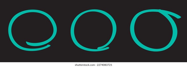 Teal circle set, pen draw. Highlight hand drawing circle isolated on black background. Handwritten circle. For marking text, numbers, marker pen, pencil, logo and text check, vector illustration