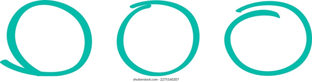 Teal circle set, pen draw. Highlight hand drawing circle isolated on white background. Handwritten circle. For marking text, numbers, marker pen, pencil, logo and text check, vector illustration