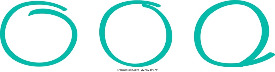 Teal circle set, pen draw. Highlight hand drawing circle isolated on white background. Handwritten circle. For marking text, numbers, marker pen, pencil, logo and text check, vector illustration