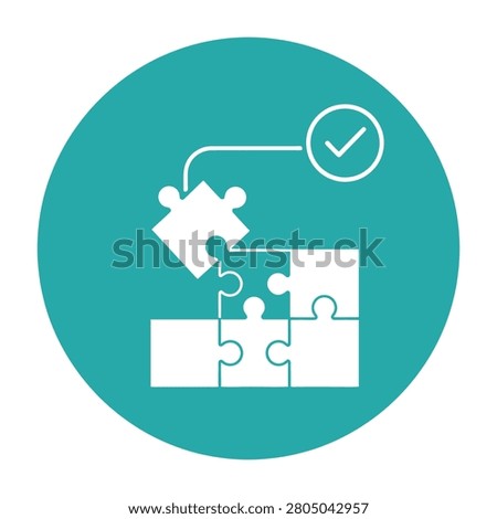 A teal circular icon featuring white puzzle pieces being assembled with a checkmark symbol, symbolizing strategic problem solving, completion, and success in business.