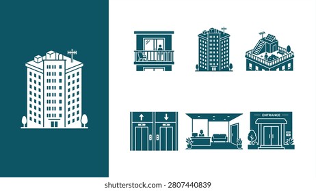Teal City Building Icon Set: Vector illustrations of apartment, office, hotel, and skyscraper buildings for architecture, real estate, and urban design projects. Flat vector illustration EPS 10.
