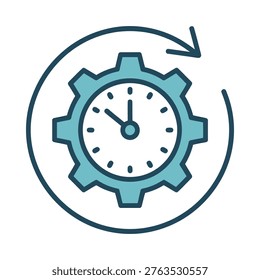 A teal clock integrated with gear mechanisms encircled by a looping arrow