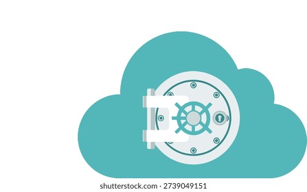 A teal cloud icon containing a metallic vault door, symbolizing secure cloud storage, data backup, and online information safety.