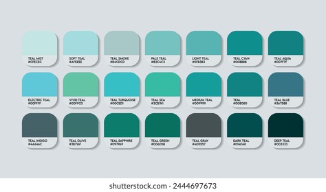 Стоковое векторное изображение: Teal Color Guide Palette with Color Names. Catalog Samples Teal with RGB HEX codes and Names. Metal Colors Palette Vector, Wood and Plastic Teal Color Palette, Fashion Trend Teal Color Palette vector