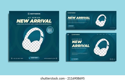 Teal Color Headphone Brand Product Landing Page , Social Media Post Cover Design Or Banner Template Premium