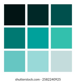 Teal color palette. Gradient tone set. Cool shades collection. Balanced vector grid.