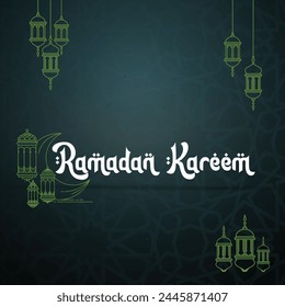 Teal color Ramadan Kareem vector illustration. Ramadan Kareem typograpghy. Greeting card with arabic hanging lantern.  Holy month of muslim. Symbol of Islam. Floral Applique Design. Editable. EPS 10