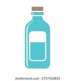 A teal colored bottle with a cork stopper and a transparent label